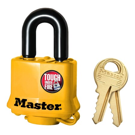 Master Lock 1-9/16In (40MM) Wide Covered Laminated Steel Pin Tumbler Padlock, Yellow, Keyed Alike 315KA